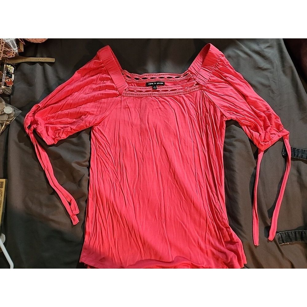 Cable And Gauge Square Pink Top Size Medium Quarter Sleeve Flair Blouse‎